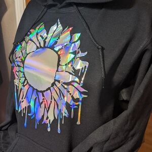 Drippy Trippy Black Hoodie with Holographic Sun Design Handcrafted